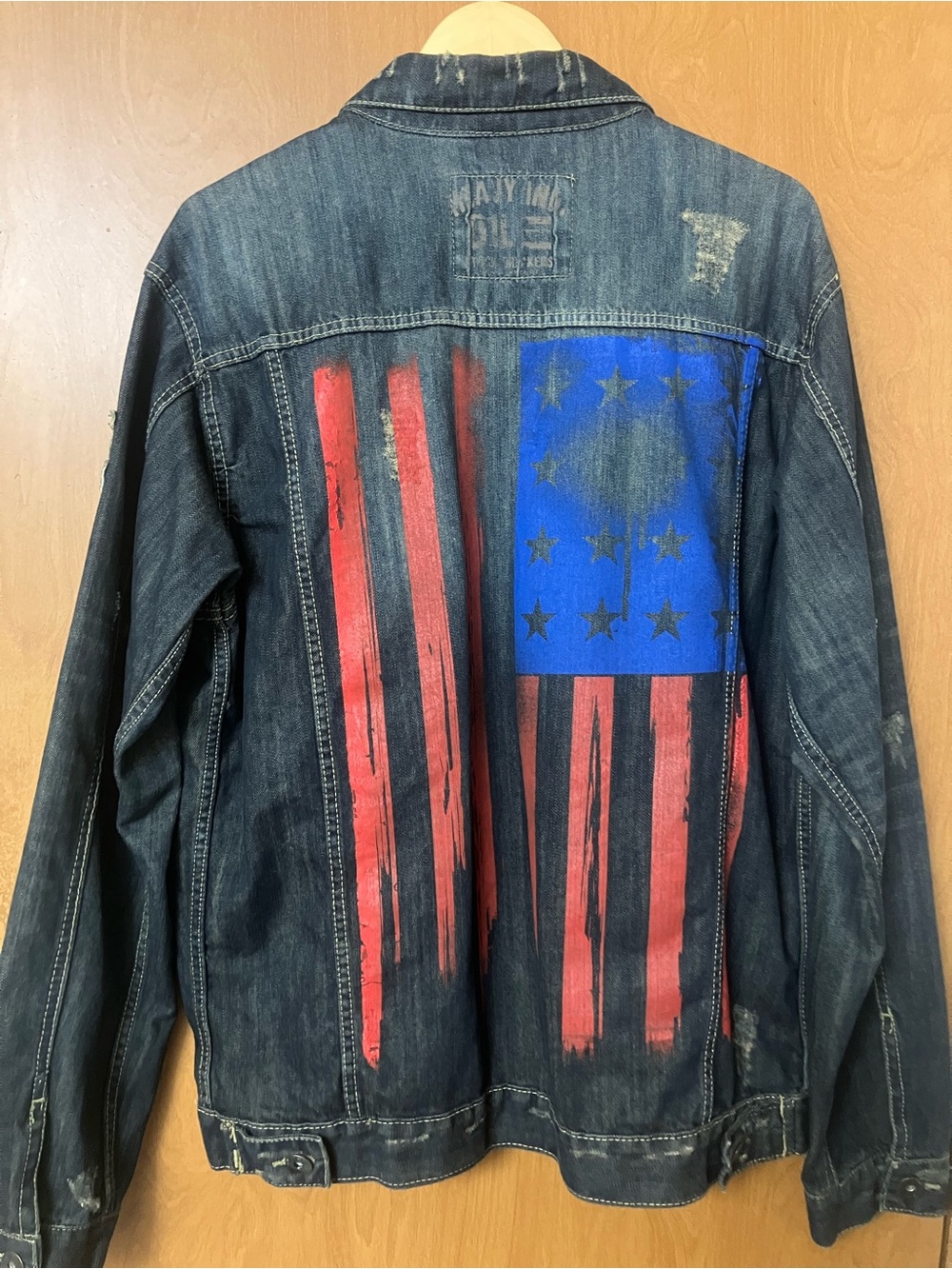 Escapism Men's Blue Distressed Denim Button Up Jacket Flag ON Back Size XL